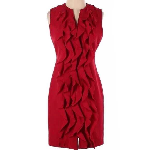 Calvin Klein SZ 6 Red Fitted Column Dress Ruffle Formal Career Party Wedding Gue - Picture 1 of 7